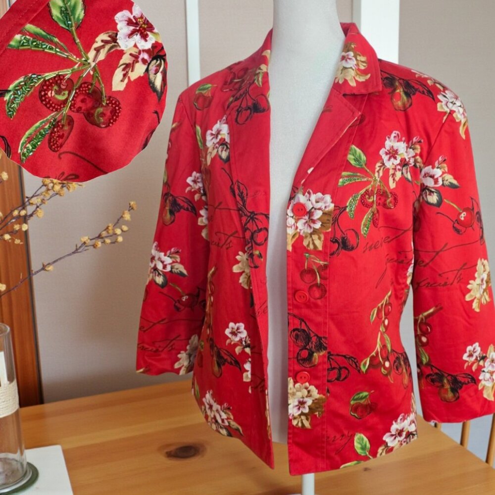 VINTAGE NANCY BOLEN ( 8 ) CITY GIRL Floral Beaded Cherry Detail 3/4 Sleve Blzr